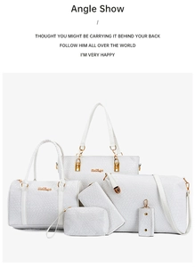 White 6-piece tote bag set with detailed woven texture and elegant gold-tone hardware