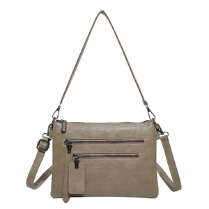Sac bandoulière rétro kaki en cuir grainé avec trois poches zippées et sangle réglable
