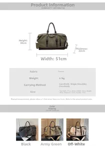 Detail view of large canvas travel bag dimensions 51x30x22cm and color options