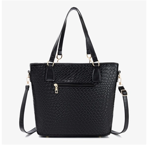 Close-up of black crocodile embossed tote bag featuring a gold zipper pocket and fine PU texture