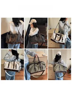 Three color variants of large canvas travel bags shown with models for scale and usage