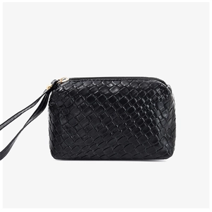 Detailed view of the black PU leather woven pouch with metal zipper and wrist strap