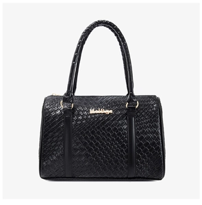 Close-up of black PU tote bag with embossed woven texture and gold hardware details