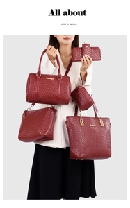 Five-piece set of burgundy faux leather bags with woven texture and gold hardware details