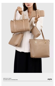 Detail shot of khaki five-piece handbag set featuring embossed woven texture and gold hardware