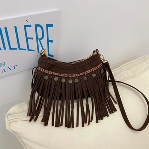 Sac Bandoulière Bohème Femmes Suède Franges Gland Broderie Ethnique Pendentif Pièce Métal Vintage Sac Épaule
