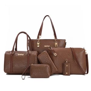 Deep brown PU leather tote bag 6-piece set with embossed texture and gold hardware