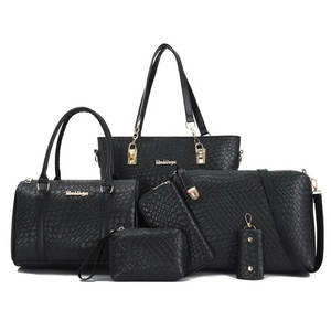 Black 6-piece women handbag set with faux woven texture, including tote and crossbody bags