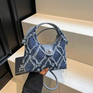 Borsa A Mano In Denim Donna Design A Rombi Con Frange Borsa A Tracolla Con Chiusura Girevole Casual Moda