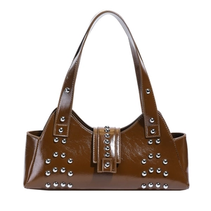 Retro punk style oil wax leather underarm bag in chocolate brown with silver rivet accents