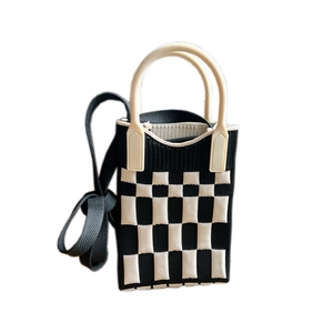 Mini checkered knitted phone bag with white handles and black shoulder strap for women