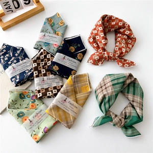 Cotton Linen Blend Square Scarf Vintage Floral Geometric Print Neckerchief Hair Band Headscarf Elegant Accessory Women