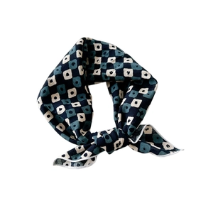 Cotton linen square scarf with dark green checkerboard pattern and abstract dots print