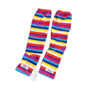 Rainbow striped knit arm sleeves with brand tag for sun protection and fashion styling