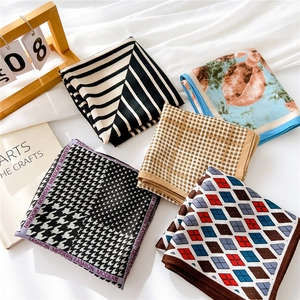 Collection of five printed cotton linen square scarves in various modern and vintage patterns
