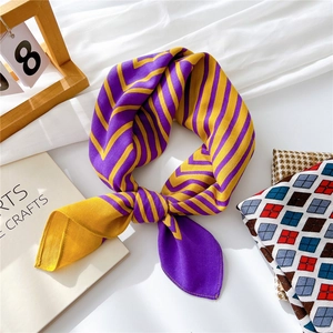 Fashionable cotton linen square scarf with yellow and purple herringbone pattern