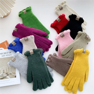 Winter Knit Warm Gloves Thick Solid Color Touchscreen Ribbed With Wave Edge And Leather Label For Women Men