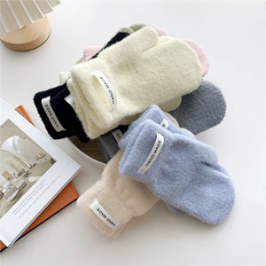 Thick warm plush knit mittens in various colors with handmade label for winter