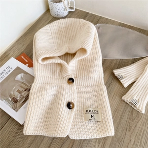 Detail of cream knitted balaclava hood with textured ribbing and dark buttons
