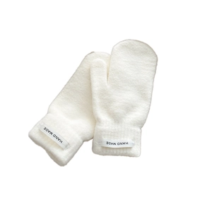 Winter white thick knit mittens with plush lining and a stylish HAND MADE woven label