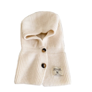 Knitted hooded balaclava scarf for winter warmth in cream white with button details