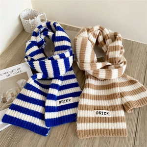 Thick striped knit scarf for women and men in blue-white and beige-white colors