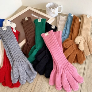 Knitted Long Gloves Ribbed Thermal Elongated Arm Warmers Solid Color Winter Autumn Warm Mittens With Patch Design