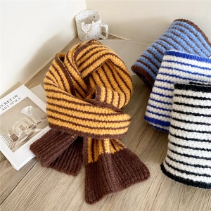 Thick striped knit scarves for women in blue, yellow, and black colors for winter warmth