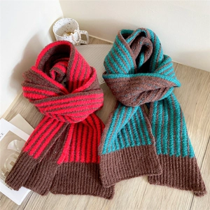 Thick striped knit scarves in red-brown and teal blue colors for winter warmth
