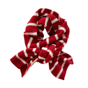 Knitted red and white striped winter scarf with premium leather tag for women