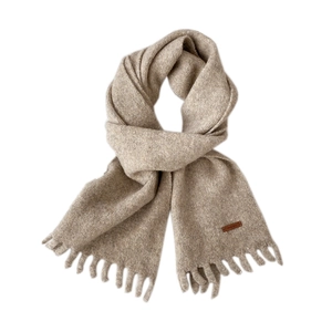 Oatmeal thick knit scarf with fringe tassels and premium leather brand label detailing