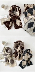 Macro shot of thick diamond pattern knit texture and premium leather brand label on scarf