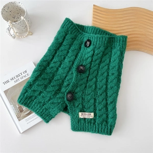 Detail of dark green knit neck warmer with cable pattern and decorative buttons
