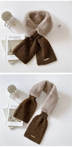 Close-up of plush scarf texture with metal tag and khaki knit patchwork details