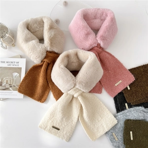 Plush faux fur knitted scarf for women with metal logo tag in multiple colors