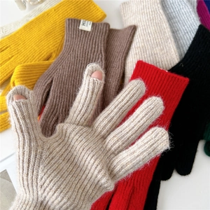 Solid color knitted touchscreen gloves for women featuring open thumb and index fingers
