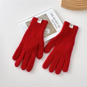Detail of red knit wool gloves with textured vertical stripes and woven brand label