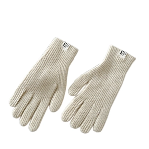 Beige ribbed knit touchscreen gloves for women and men, stylish winter warm knitted mittens