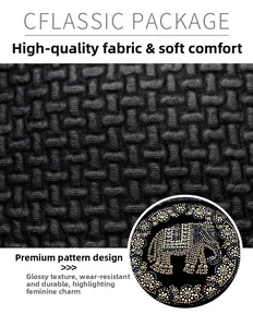 Macro detail of black elephant pattern backpack showing textured fabric and rhinestone inlay