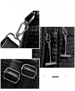 Detail view of shining gun-metal hardware and leather texture on a backpack