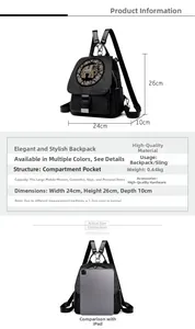 Detail showing dimensions and textured elephant pattern on a black casual backpack