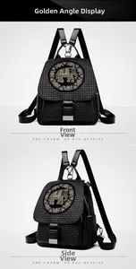 Close-up of elephant rhinestone pattern and woven texture on black casual backpack