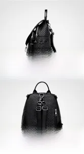 Detail of woven texture and adjustable straps on black commuter backpack for women