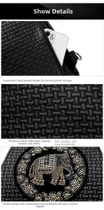 Detail of woven faux leather backpack with elephant rhinestone motif and rear zip pocket