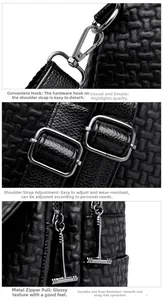 Detail of durable gunmetal hardware on black woven texture backpack with adjustable straps