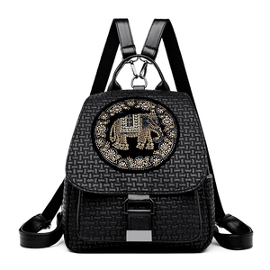 Fashion Woven PU Leather Backpack Large Capacity Rhinestone Elephant Ethnic Style Travel School Bag For Women
