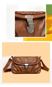 Détail du sac marron vintage avec bords tressés, fermoir en métal et cuir texturé