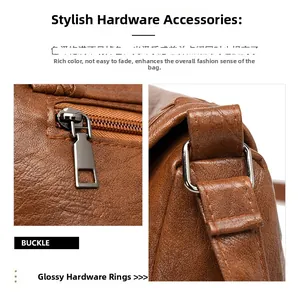 Détails de la quincaillerie argentée et du cuir grainé litchi sur un sac vintage marron