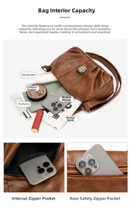 Sac en cuir souple marron avec plusieurs compartiments montrant un rangement spacieux