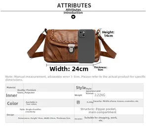 Tableau détaillé des tailles pour le sac bandoulière vintage marron avec mesures